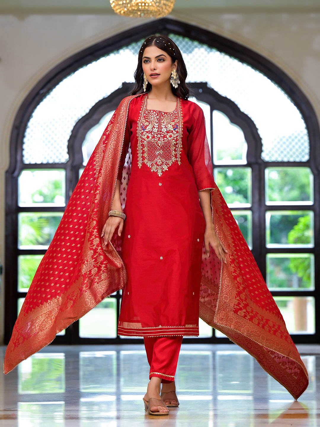 Red Embroidered Chanderi Silk Kurta pants with Banarashi Dupatta