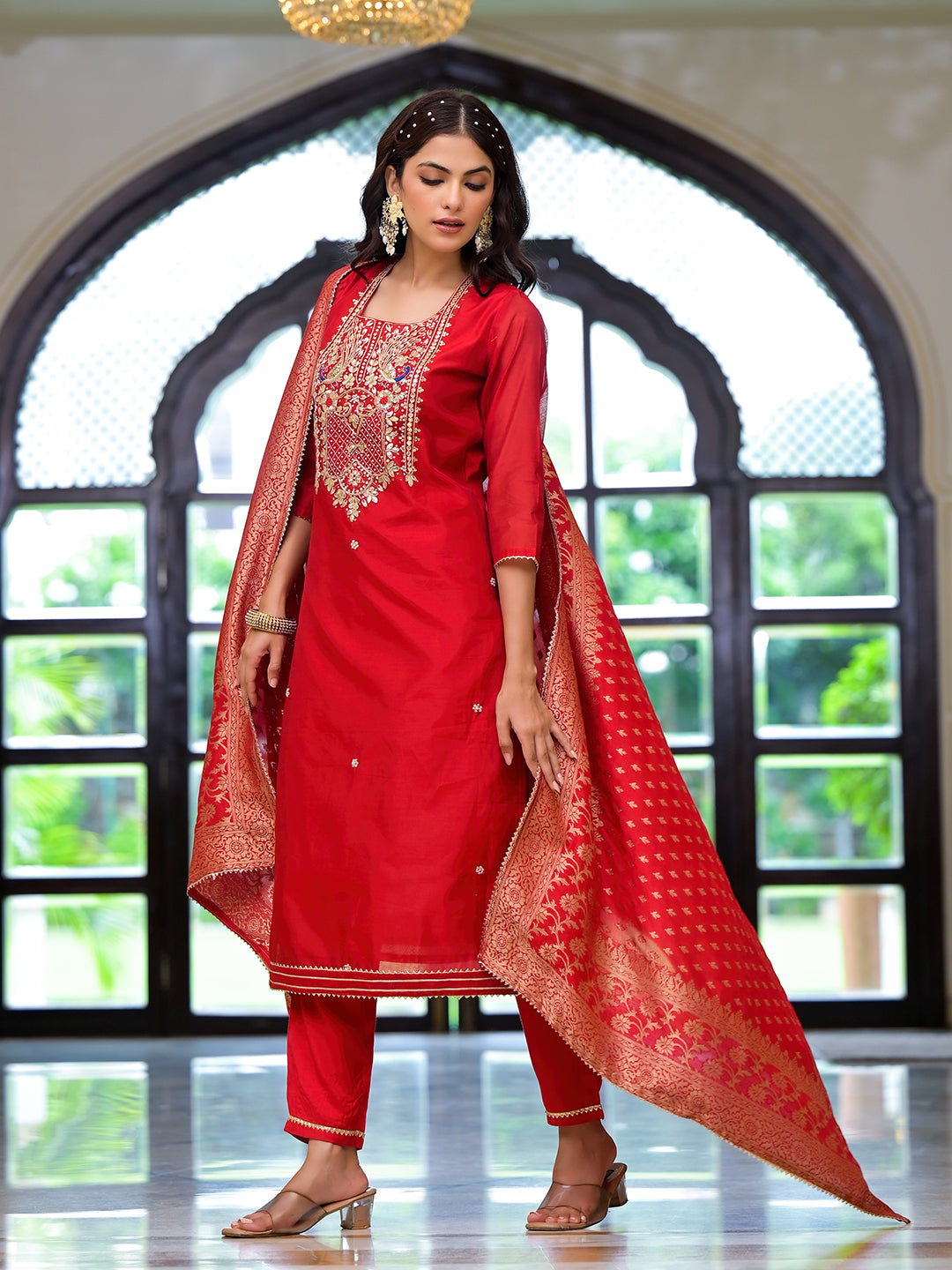 Red Embroidered Chanderi Silk Kurta pants with Banarashi Dupatta