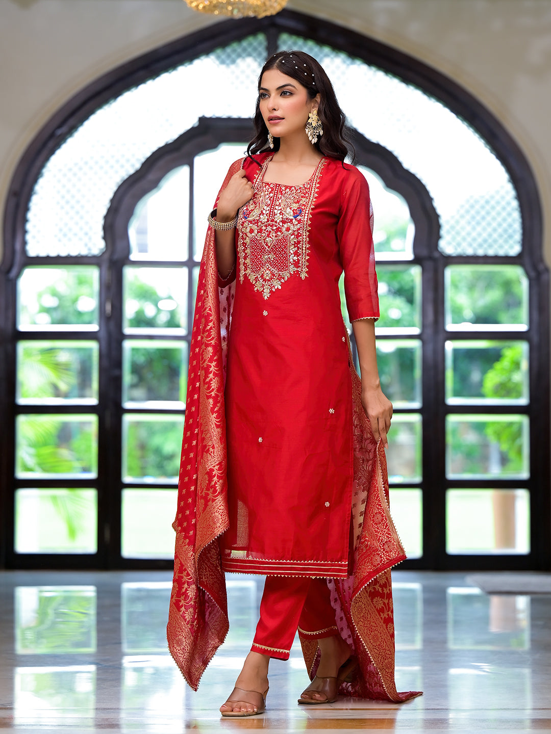 Red Embroidered Chanderi Silk Kurta pants with Banarashi Dupatta