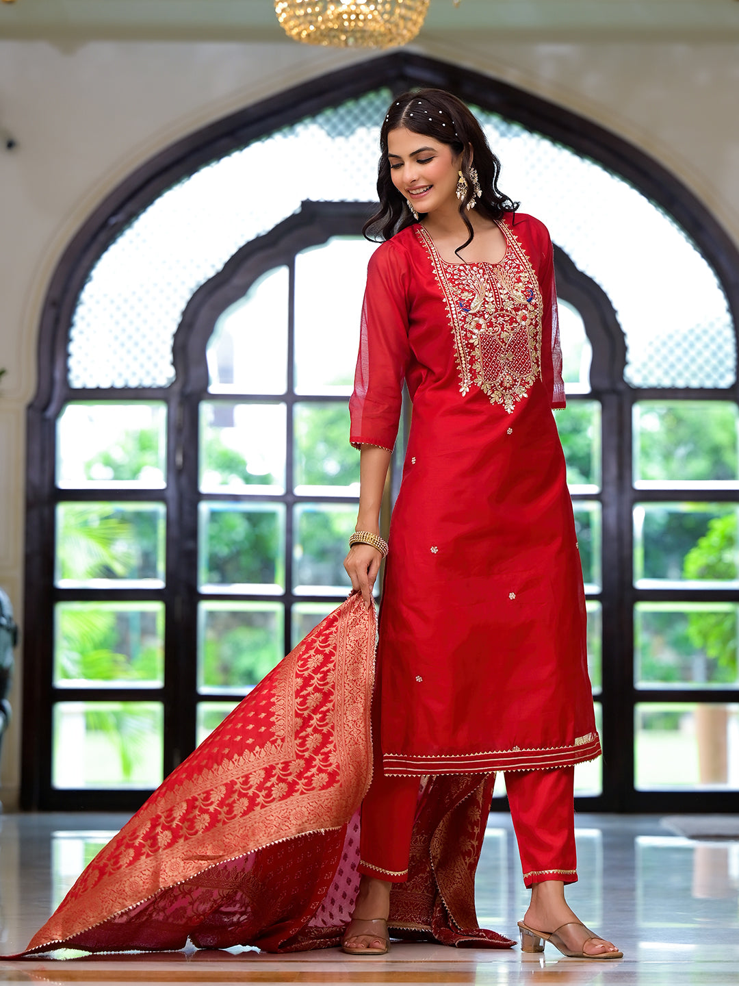 Red Embroidered Chanderi Silk Kurta pants with Banarashi Dupatta