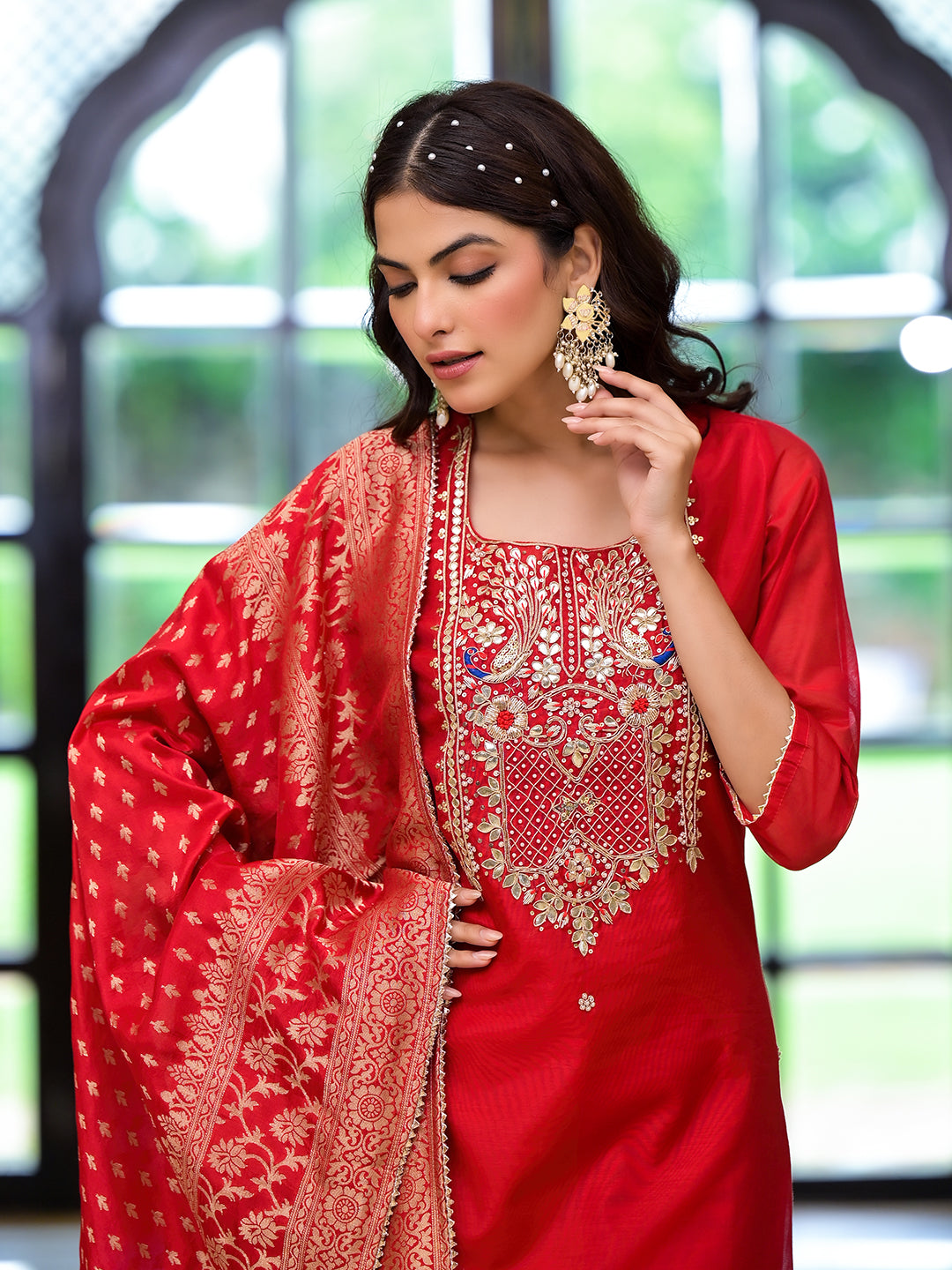 Red Embroidered Chanderi Silk Kurta pants with Banarashi Dupatta