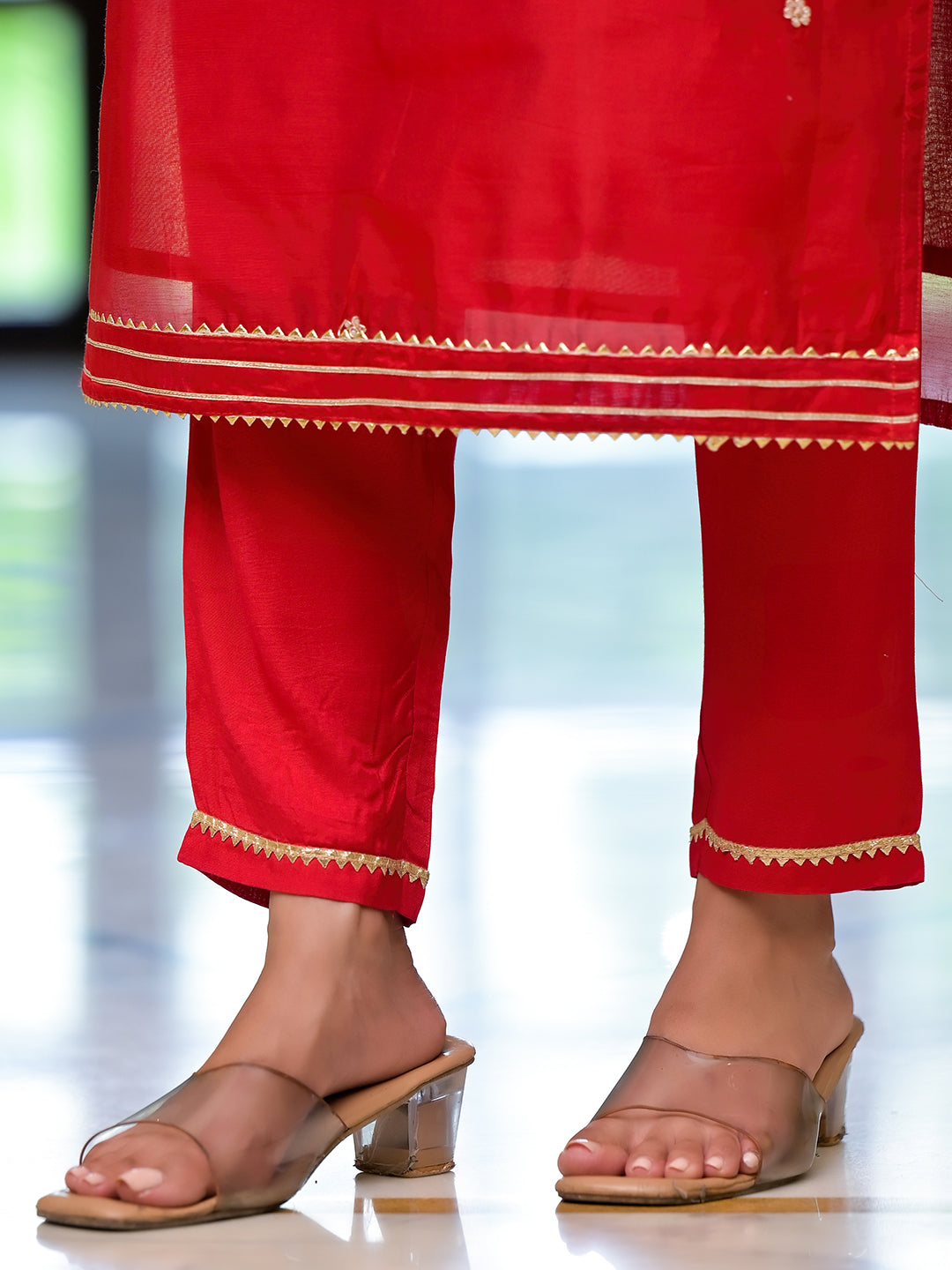 Red Embroidered Chanderi Silk Kurta pants with Banarashi Dupatta