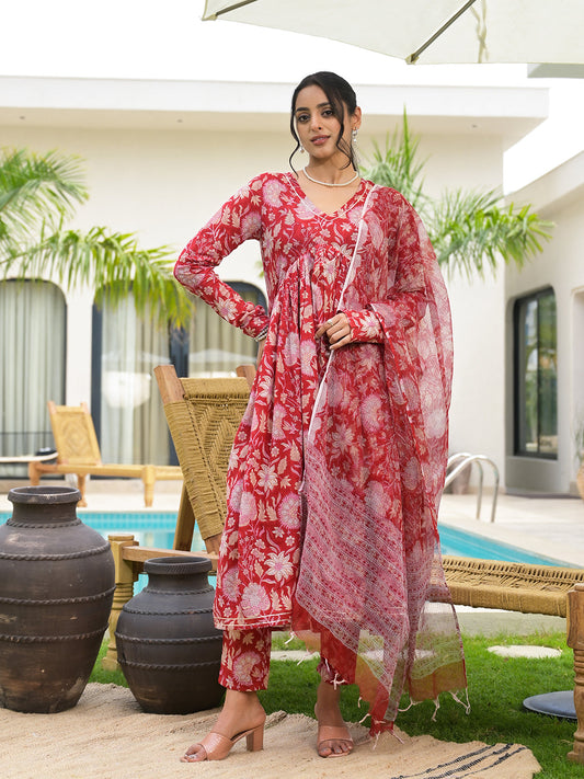 Floral Printed Red Cotton Alia Cut Kurta Set for women