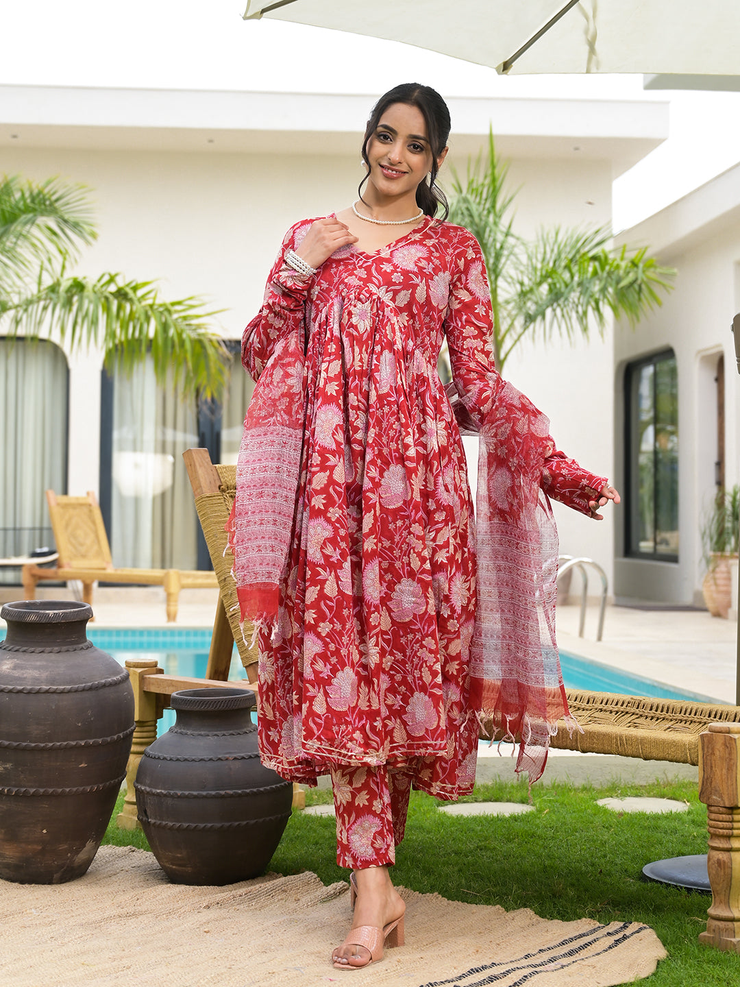 Floral Printed Red Cotton Alia Cut Kurta Set for women