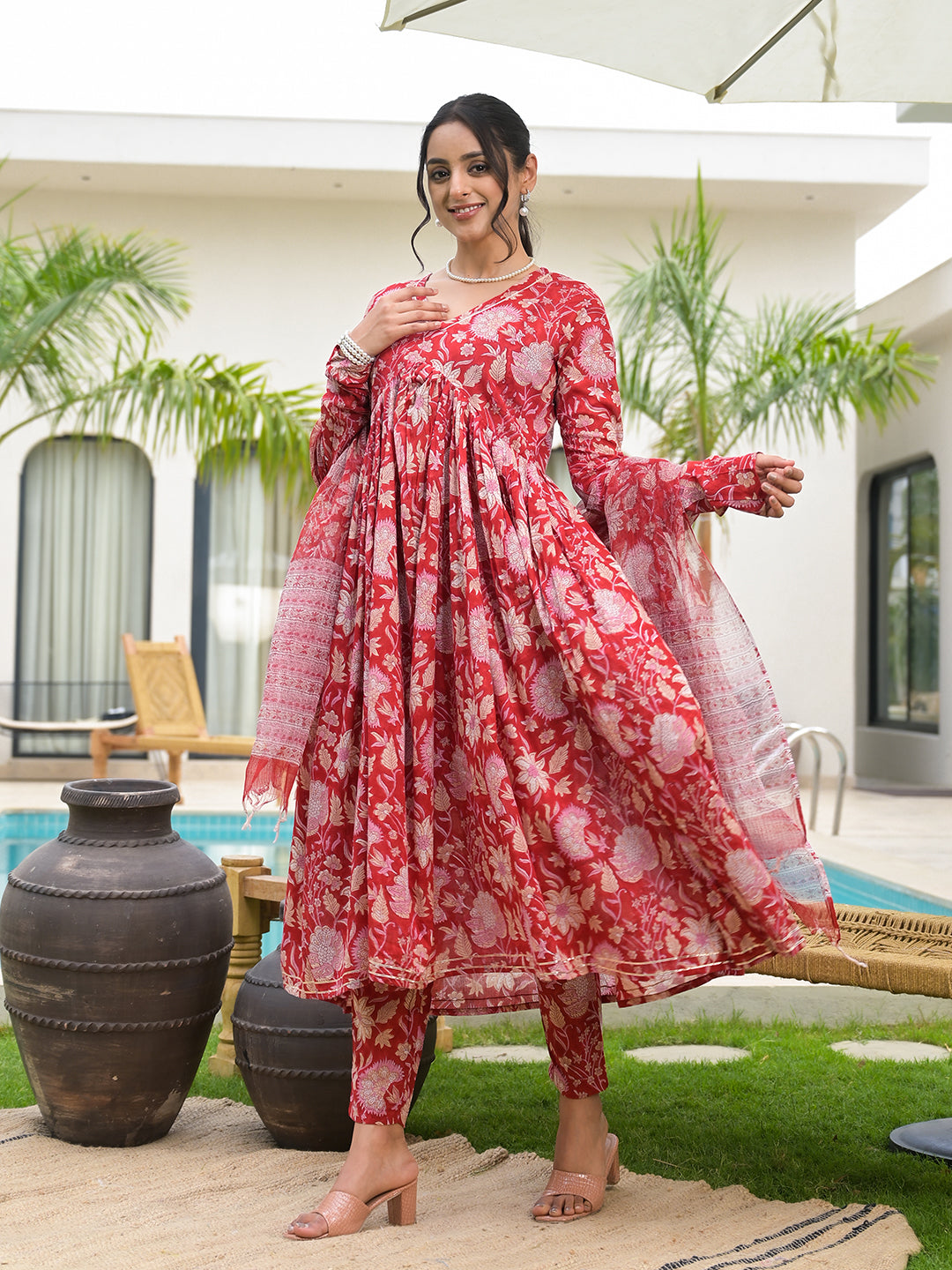 Floral Printed Red Cotton Alia Cut Kurta Set for women