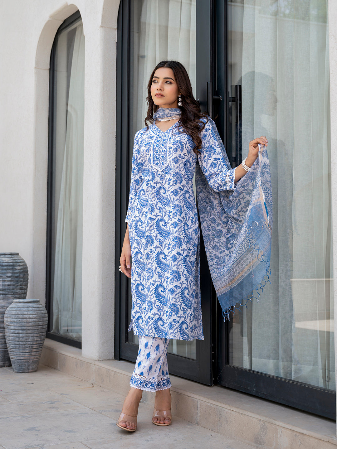 Sky Blue HandBlock Floral Print Kurta Pant Dupatta Set