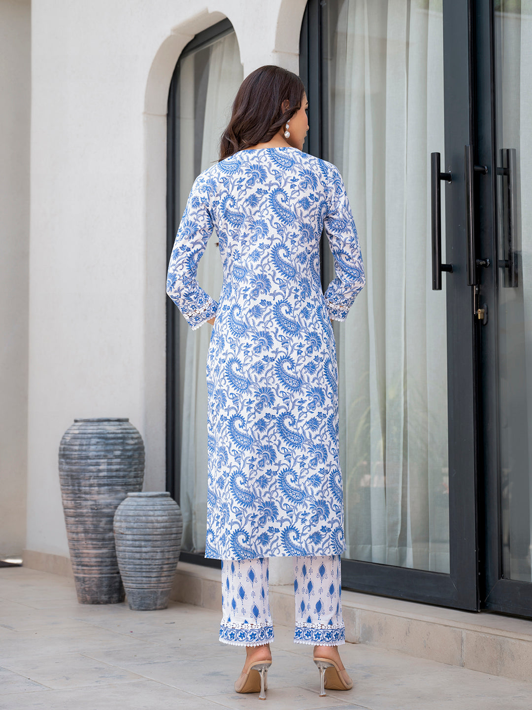 Sky Blue HandBlock Floral Print Kurta Pant Dupatta Set