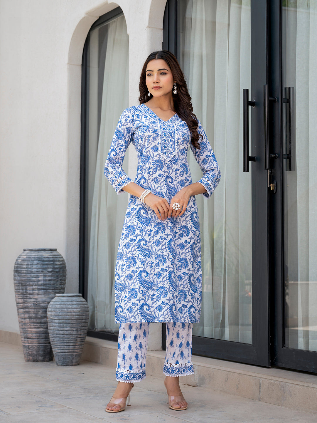 Sky Blue HandBlock Floral Print Kurta Pant Dupatta Set