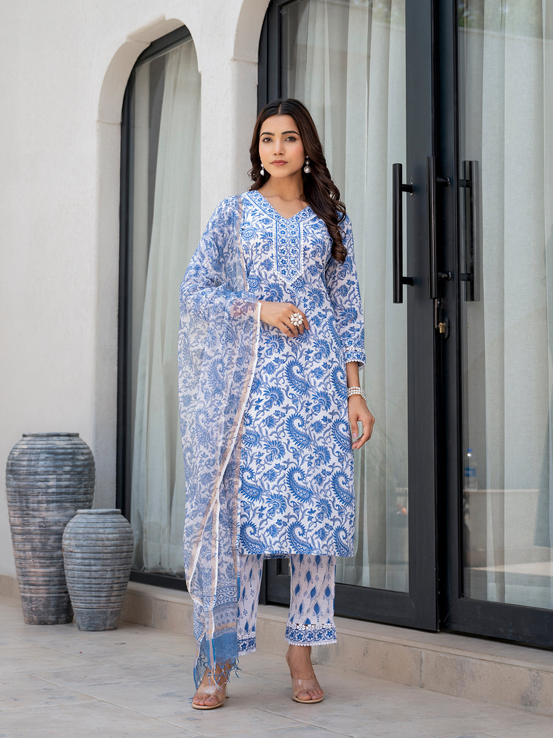 Sky Blue HandBlock Floral Print Kurta Pant Dupatta Set