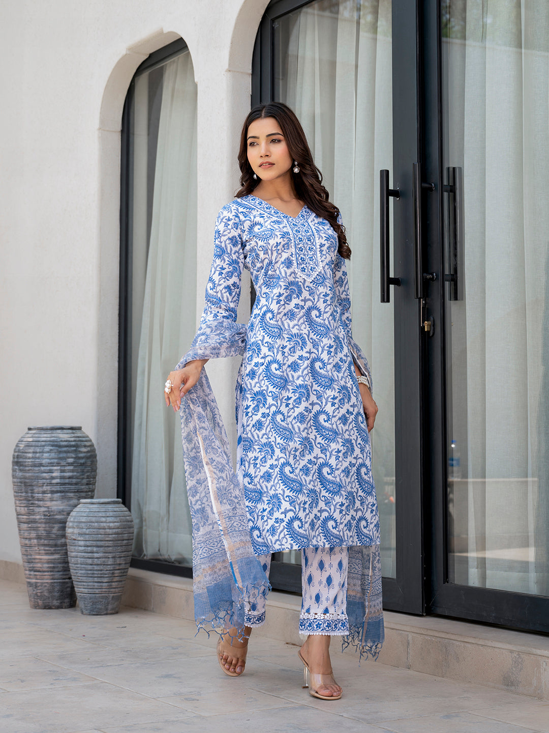 Sky Blue HandBlock Floral Print Kurta Pant Dupatta Set