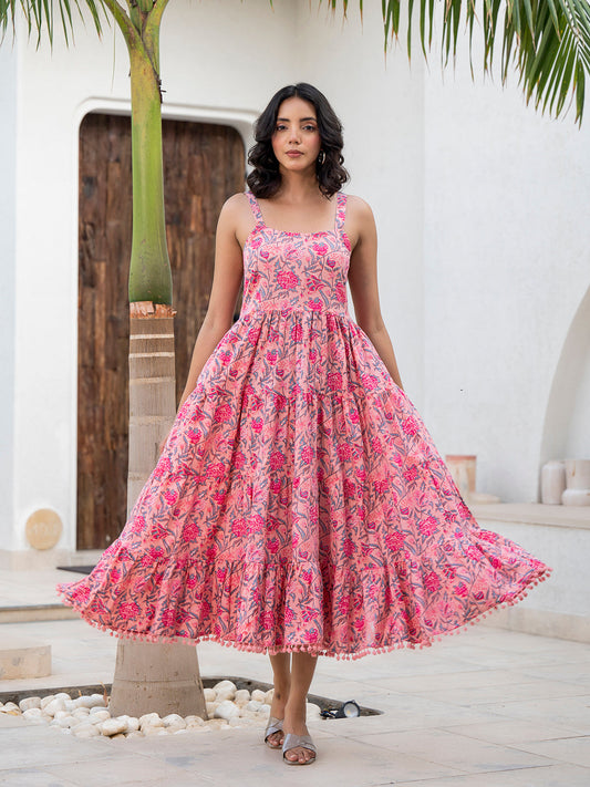 Pink Floral Printed Shoulder Strip Calf Long Ethnic Dress for Women