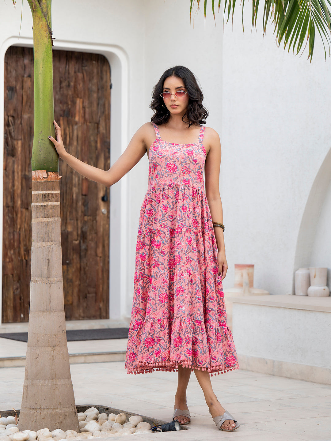 Pink Floral Printed Shoulder Strip Calf Long Ethnic Dress for Women