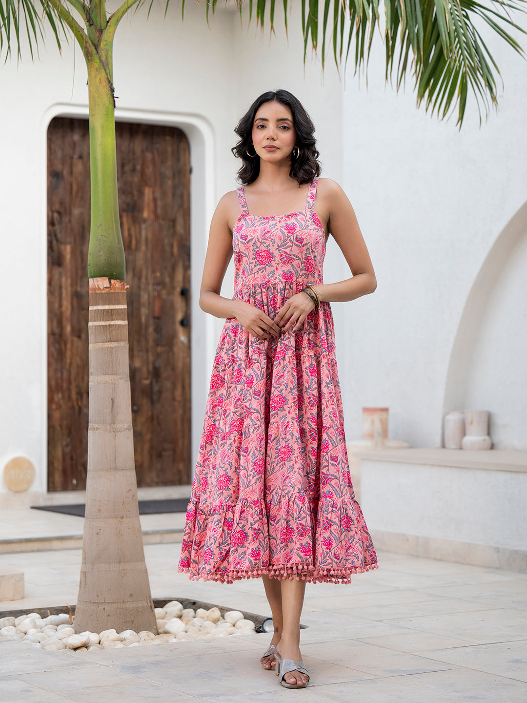 Pink Floral Printed Shoulder Strip Calf Long Ethnic Dress for Women