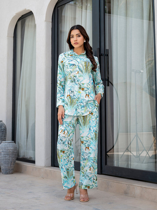 Sky Blue Floral Printed Rayon Co-ord Set