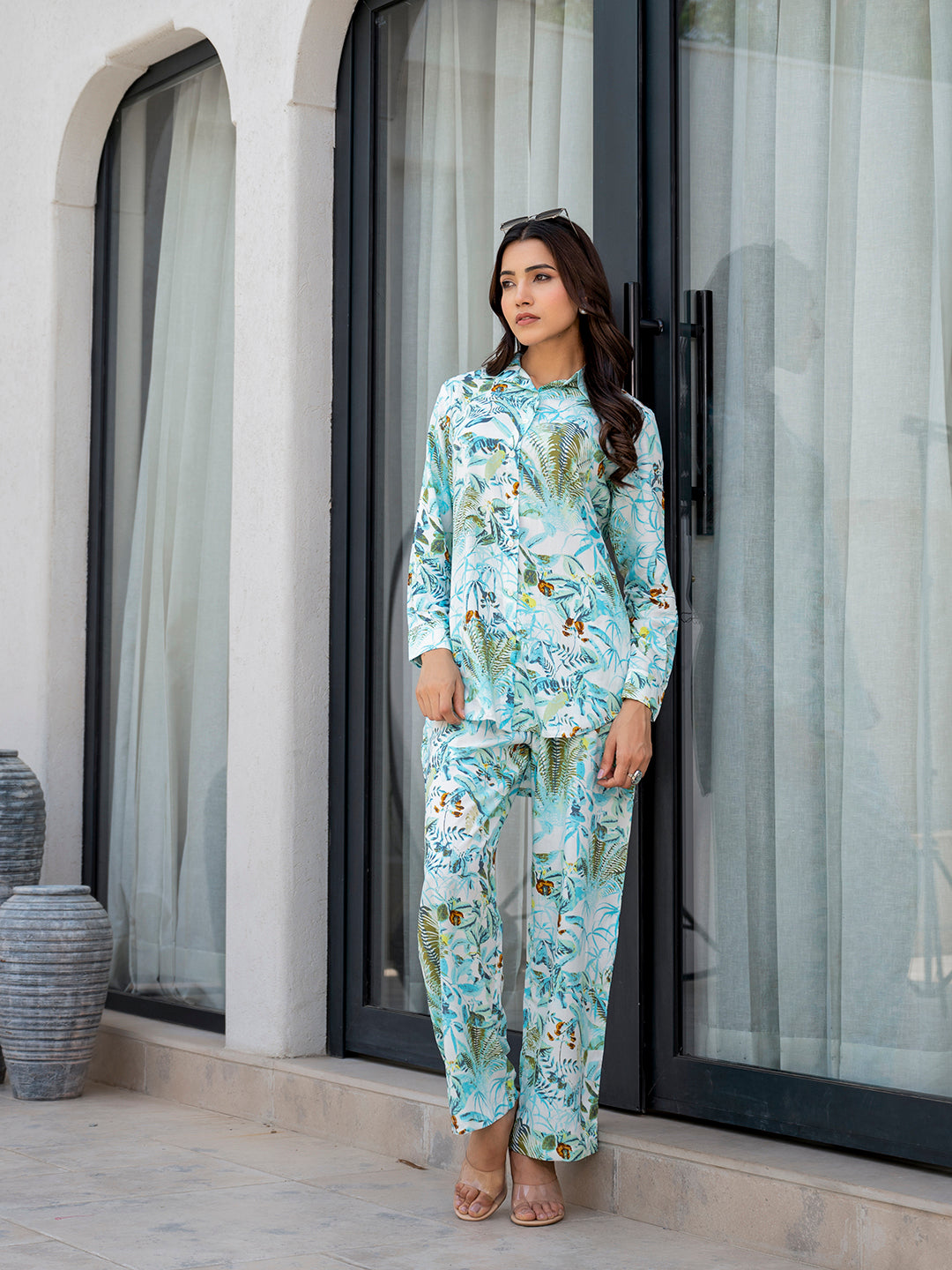 Sky Blue Floral Printed Rayon Co-ord Set