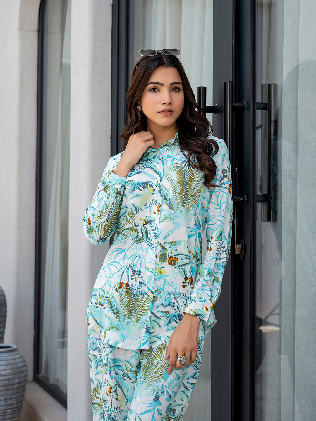 Sky Blue Floral Printed Rayon Co-ord Set