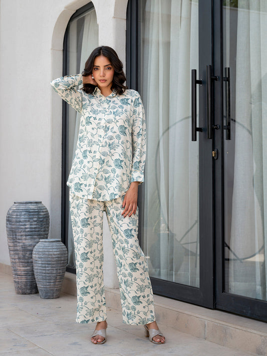 White & Green Floral Printed Rayon Co-ord Set