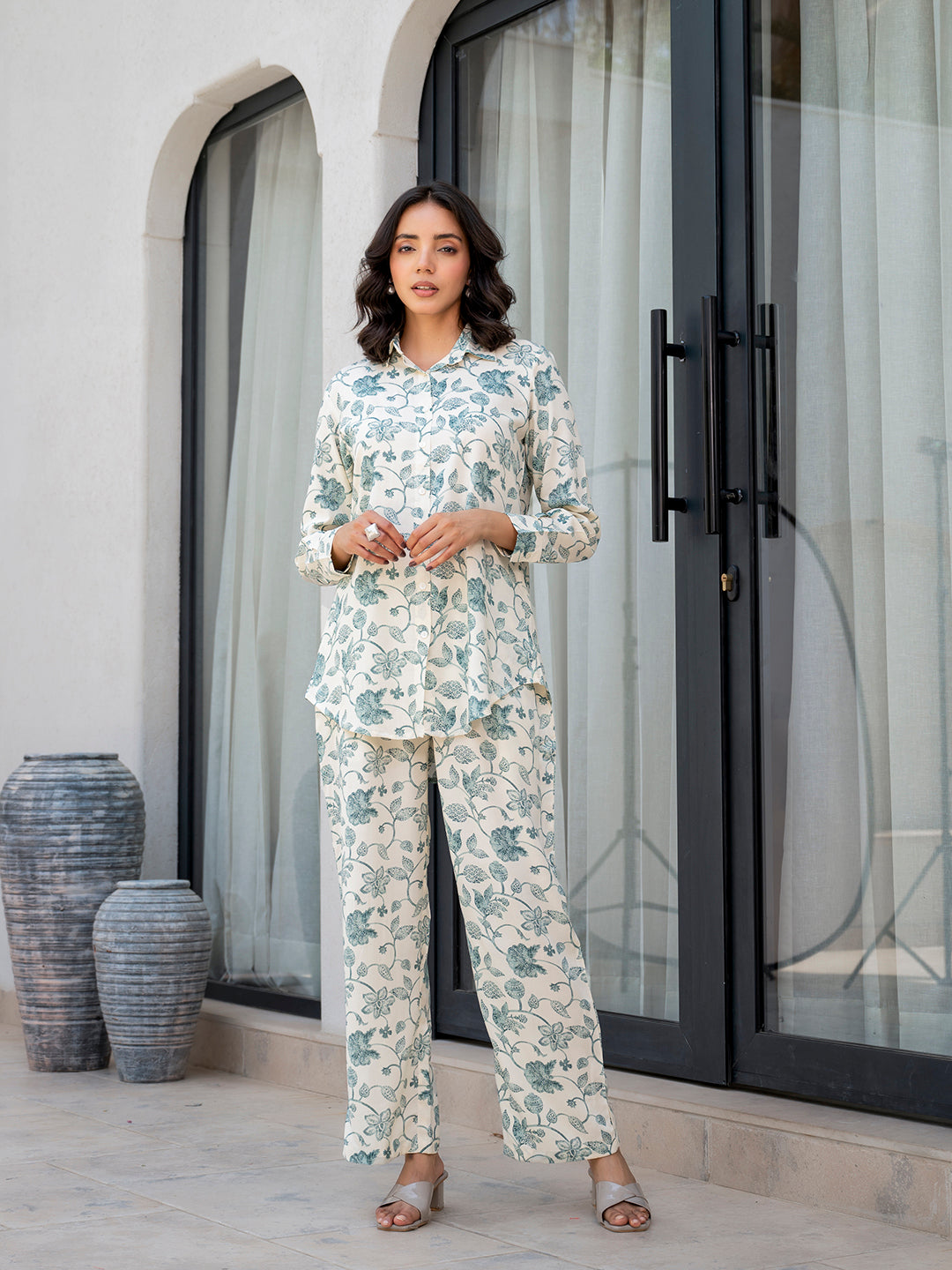 White & Green Floral Printed Rayon Co-ord Set