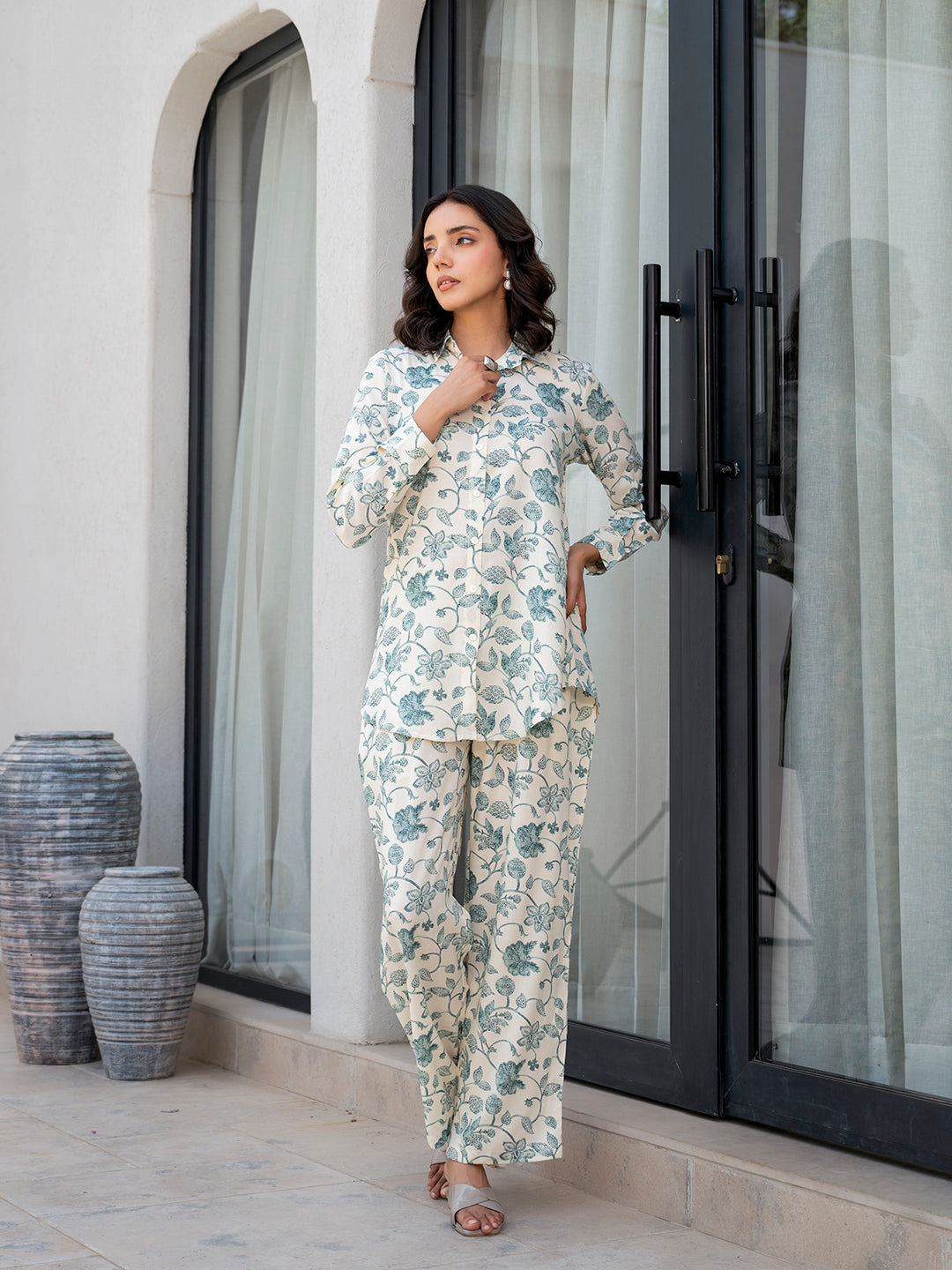 White & Green Floral Printed Rayon Co-ord Set