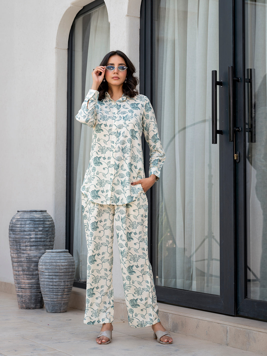 White & Green Floral Printed Rayon Co-ord Set