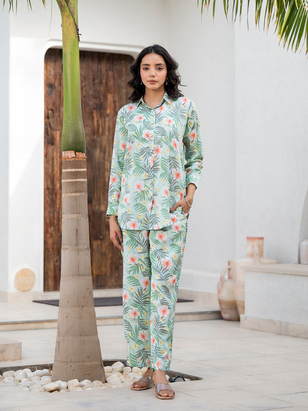 Sky Blue Floral Printed Rayon Co-ord Set