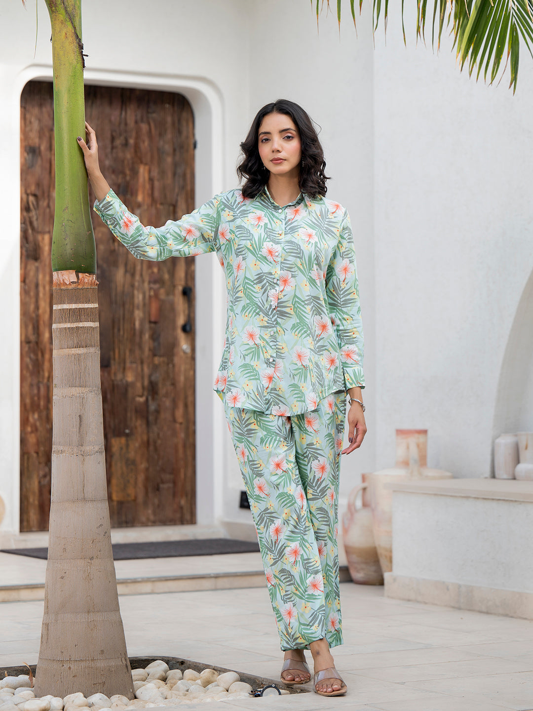 Sky Blue Floral Printed Rayon Co-ord Set