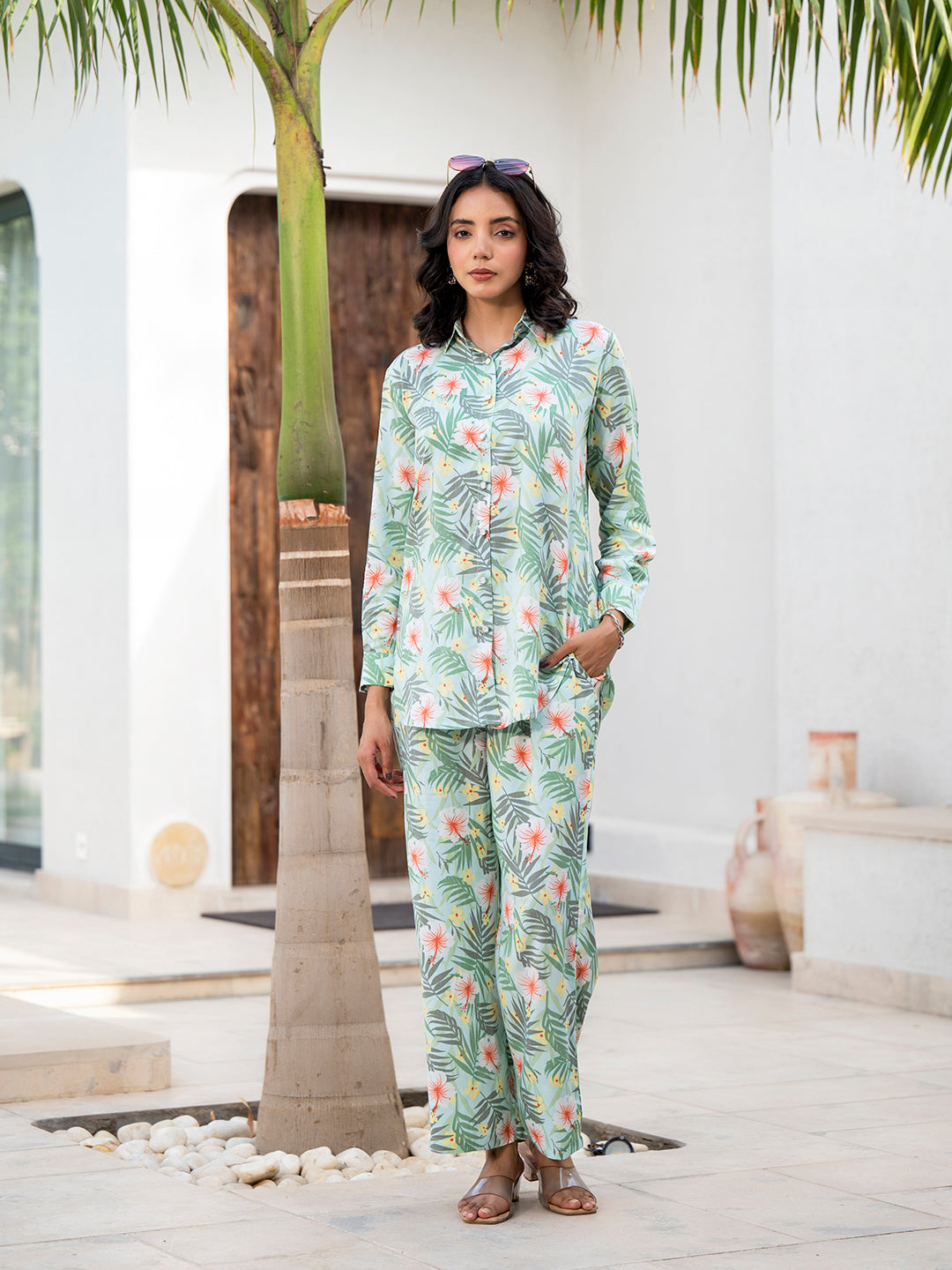 Sky Blue Floral Printed Rayon Co-ord Set