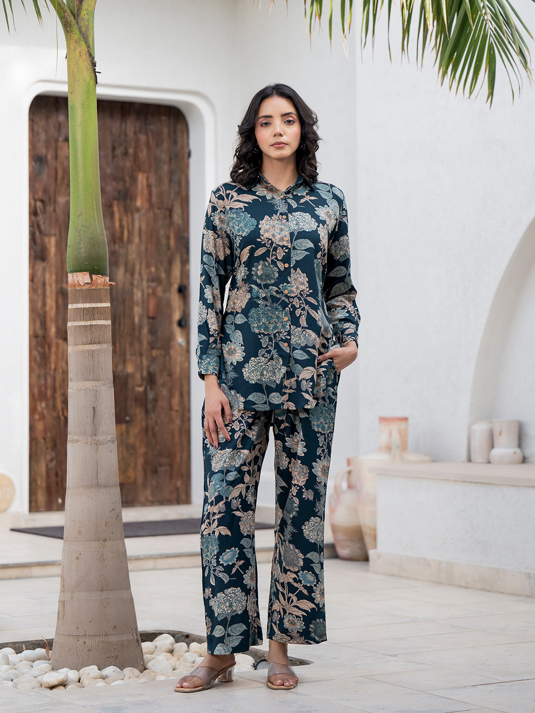 Bottle green Floral Printed Rayon Co-ord Set for Women