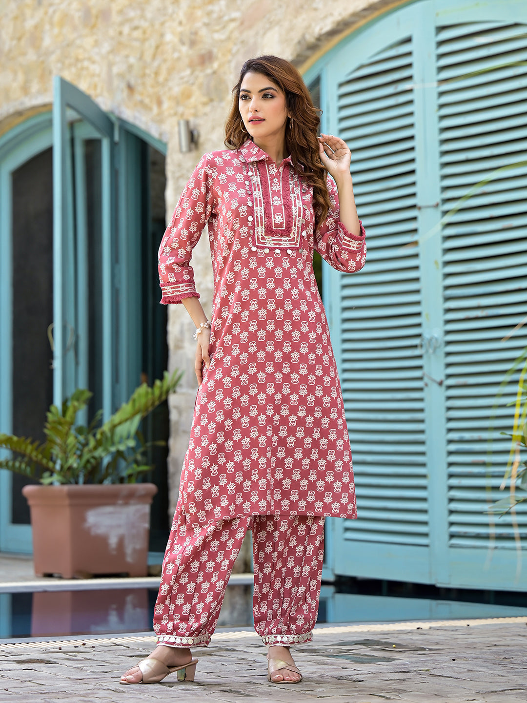 Peach Cotton Straight Knee Long Co-Ord Set or Pathani Suit