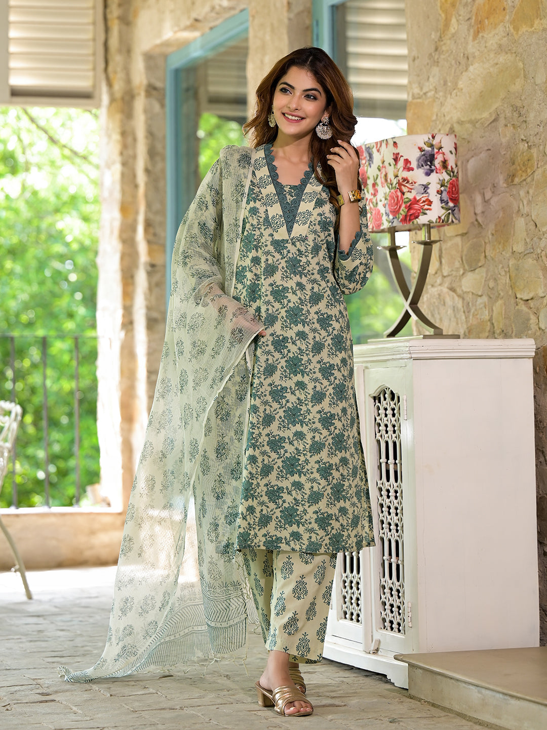 Bottle Green Floral Print Cotton Kurta Set for Women