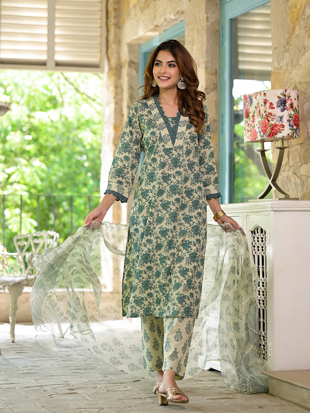 Bottle Green Floral Print Cotton Kurta Set for Women