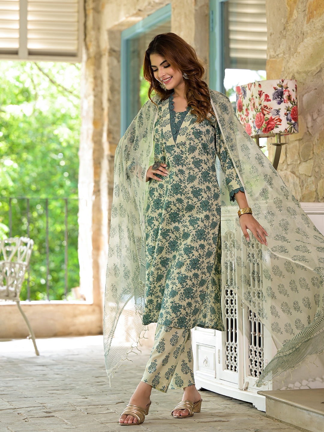 Bottle Green Floral Print Cotton Kurta Set for Women