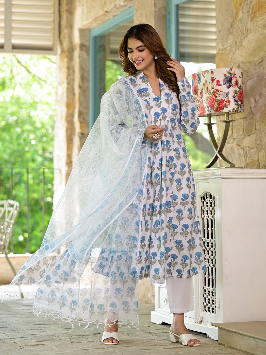 White & Blue Floral HandBlock Cotton Anarkali Cotton Kurta Set