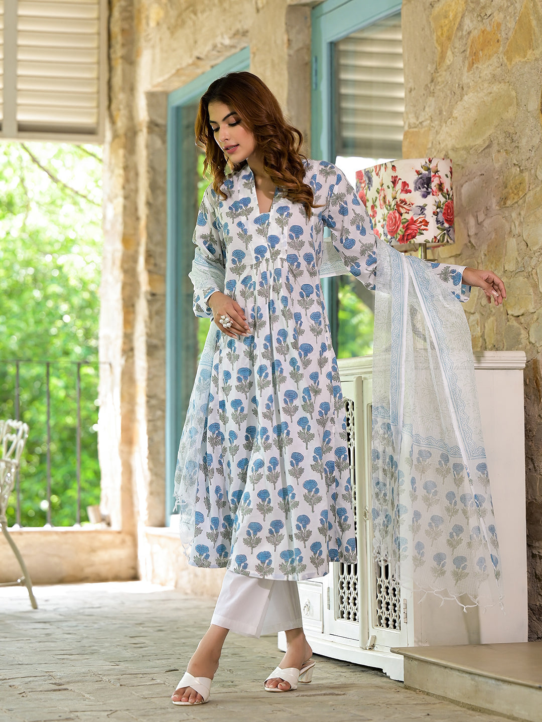 White & Blue Floral HandBlock Cotton Anarkali Cotton Kurta Set