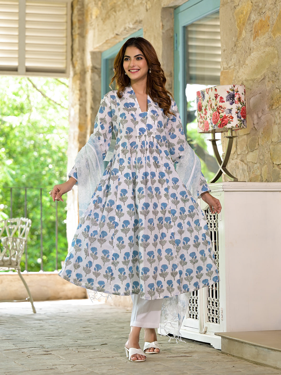 White & Blue Floral HandBlock Cotton Anarkali Cotton Kurta Set