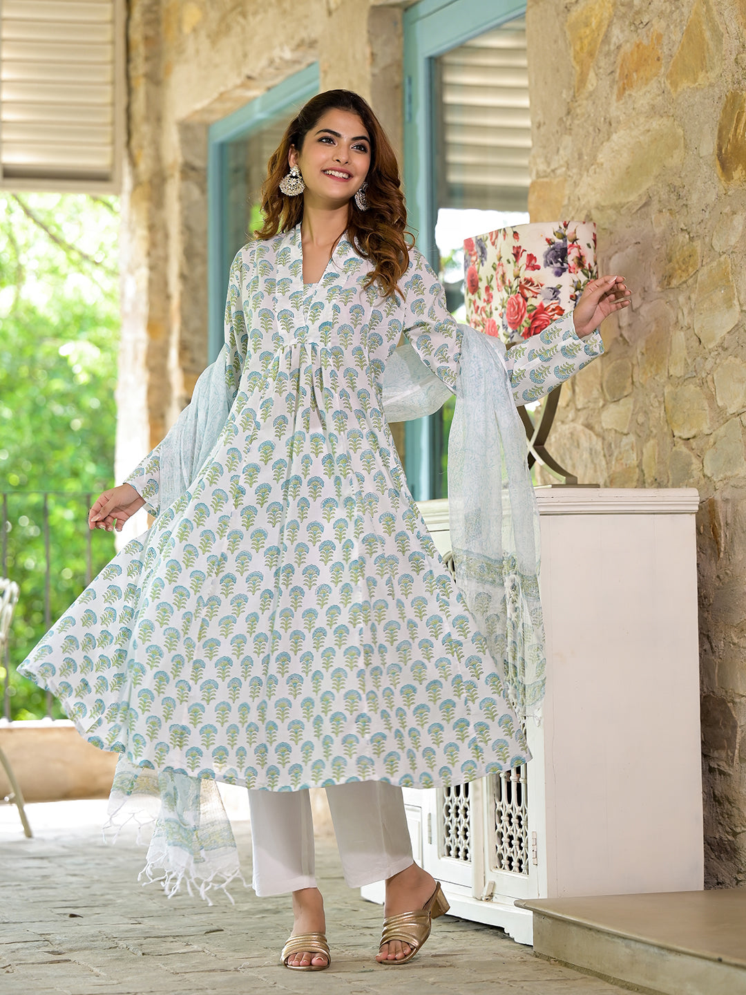 White & Green Floral Handblock Printed Cotton Anarkali  Kurta Set