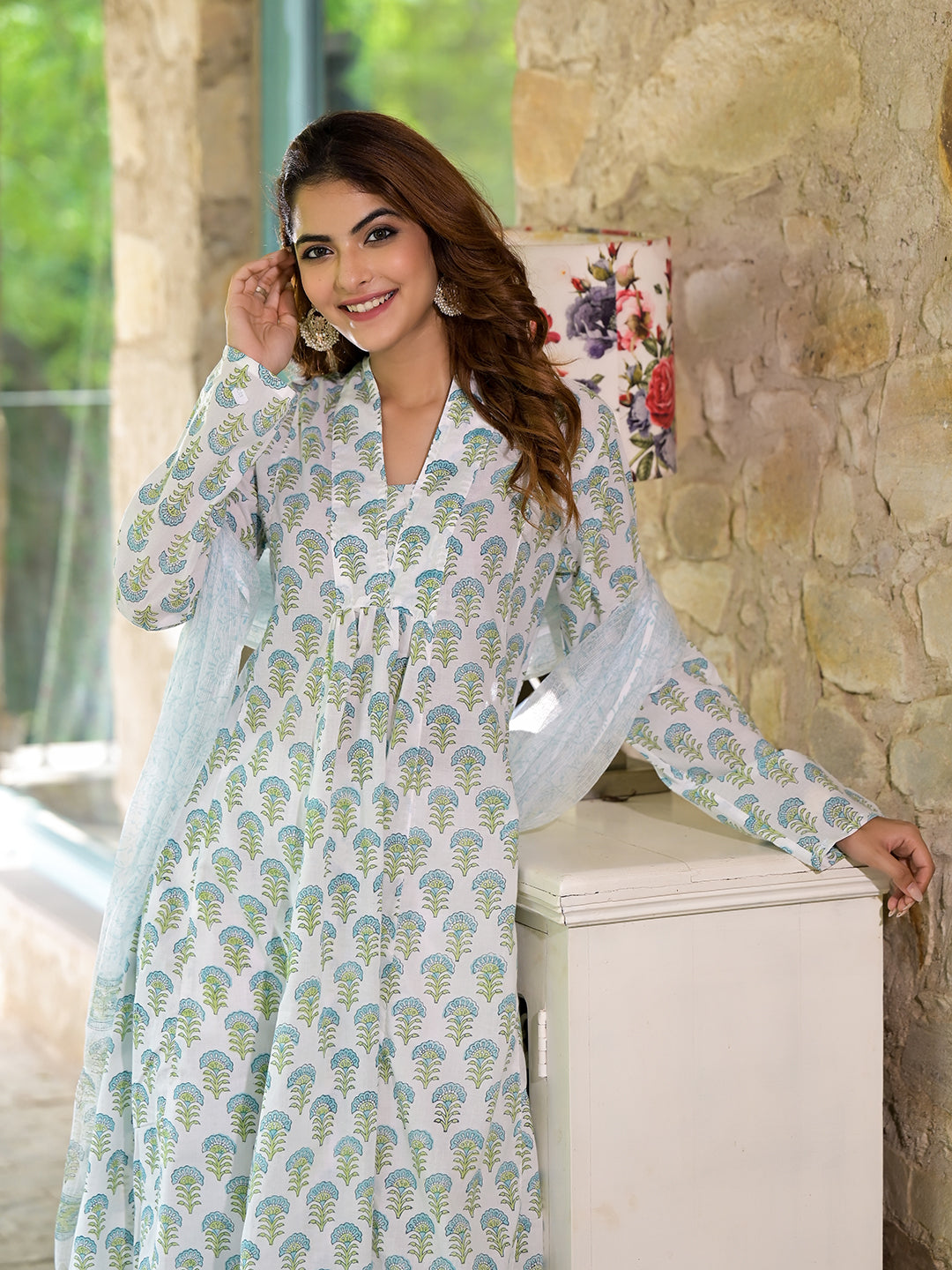 White & Green Floral Handblock Printed Cotton Anarkali  Kurta Set