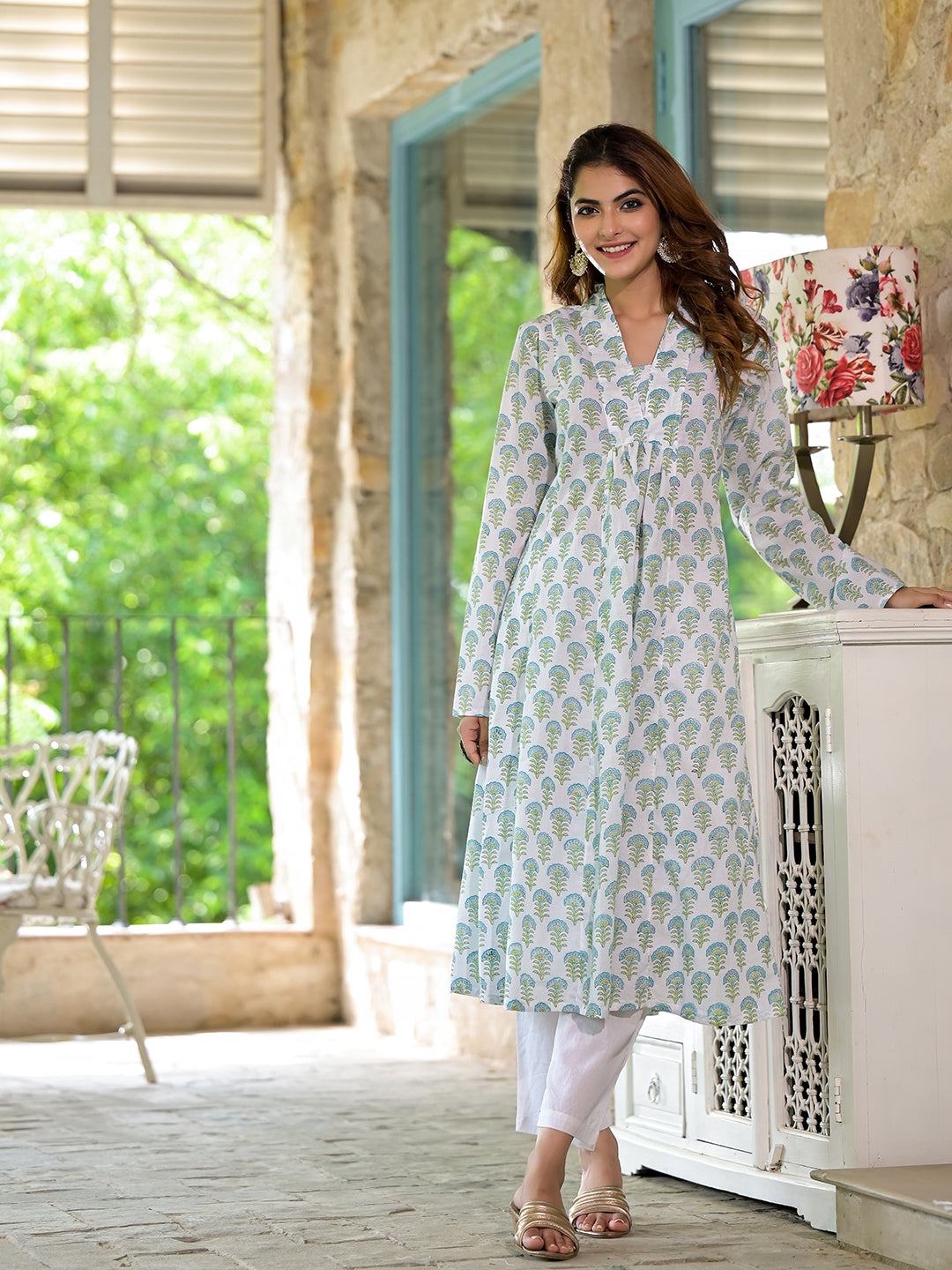 White & Green Floral Handblock Printed Cotton Anarkali  Kurta Set