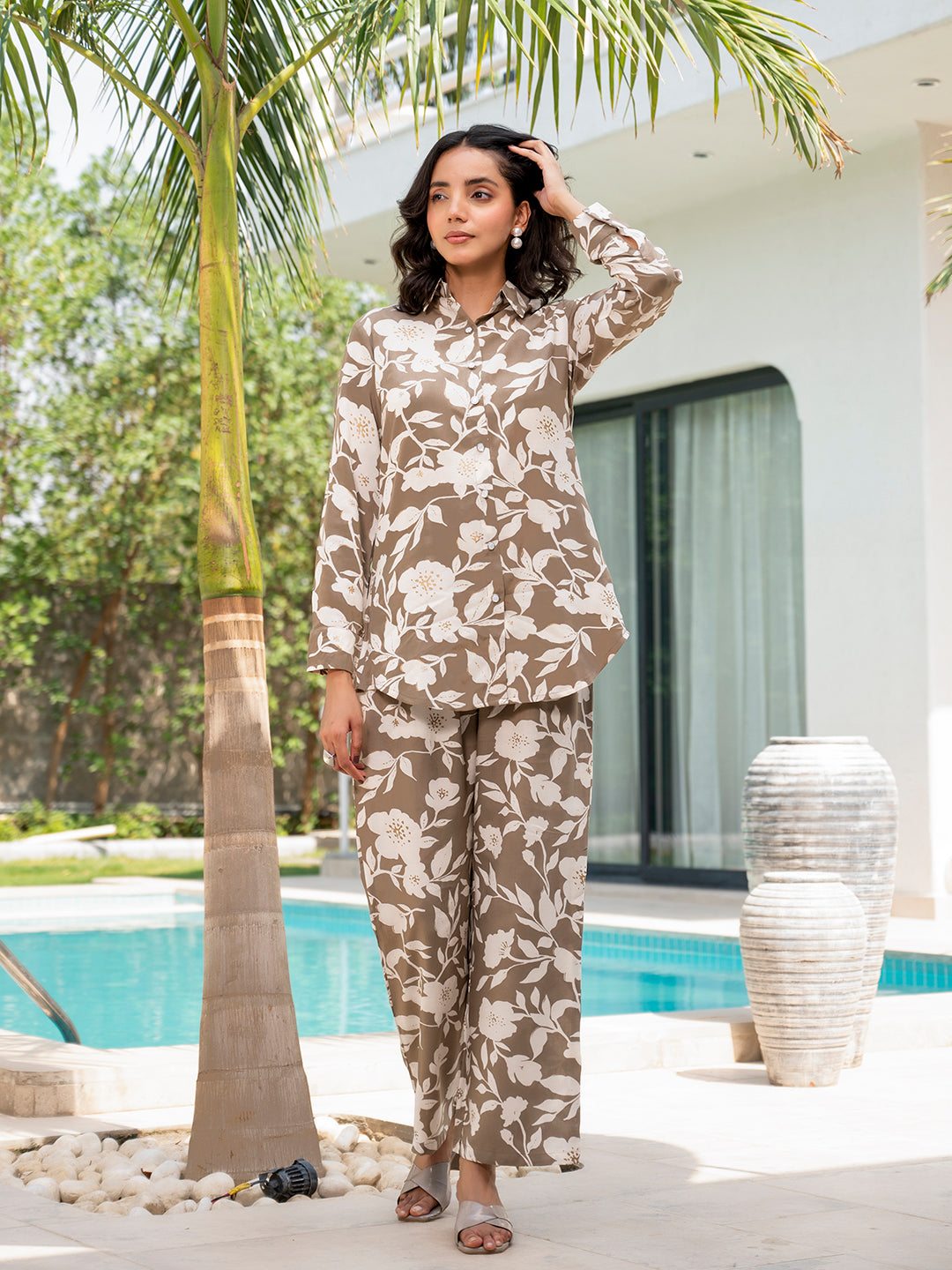 Brown & White Floral Printed Rayon Co-ord Set