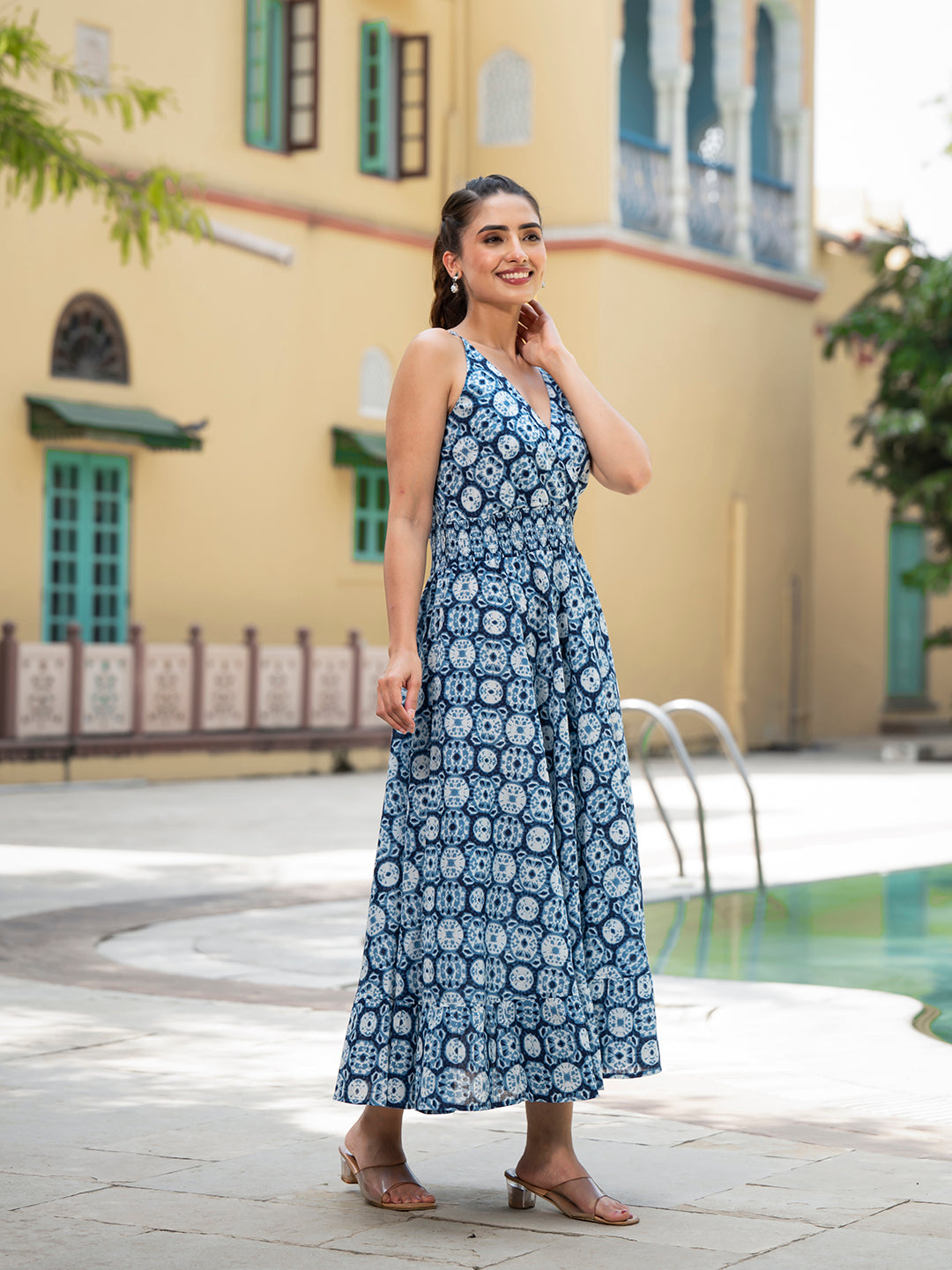 Blue Floral Print Pure Cotton Fit & Flare Dress