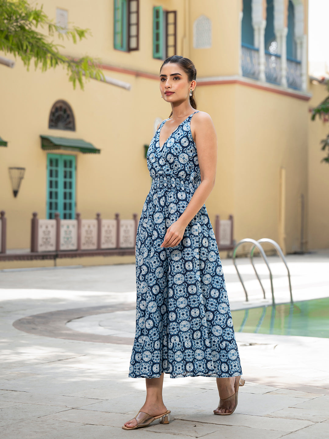 Blue Floral Print Pure Cotton Fit & Flare Dress