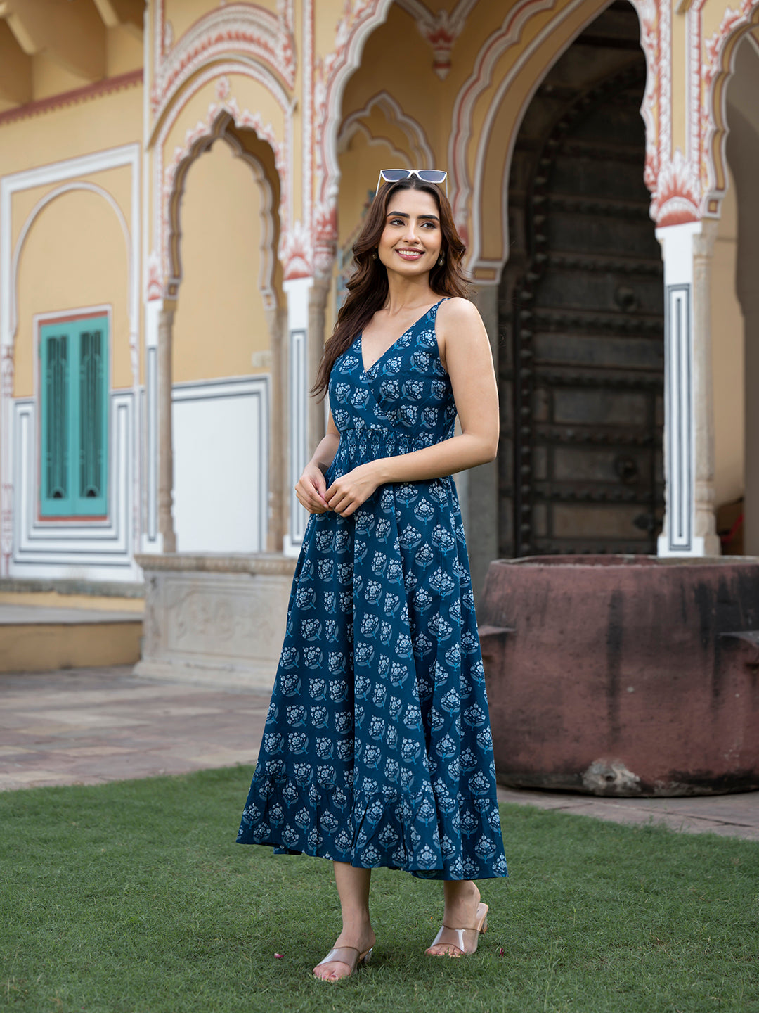 Indigo Blue Floral Print Pure Cotton Fit & Flare Dress