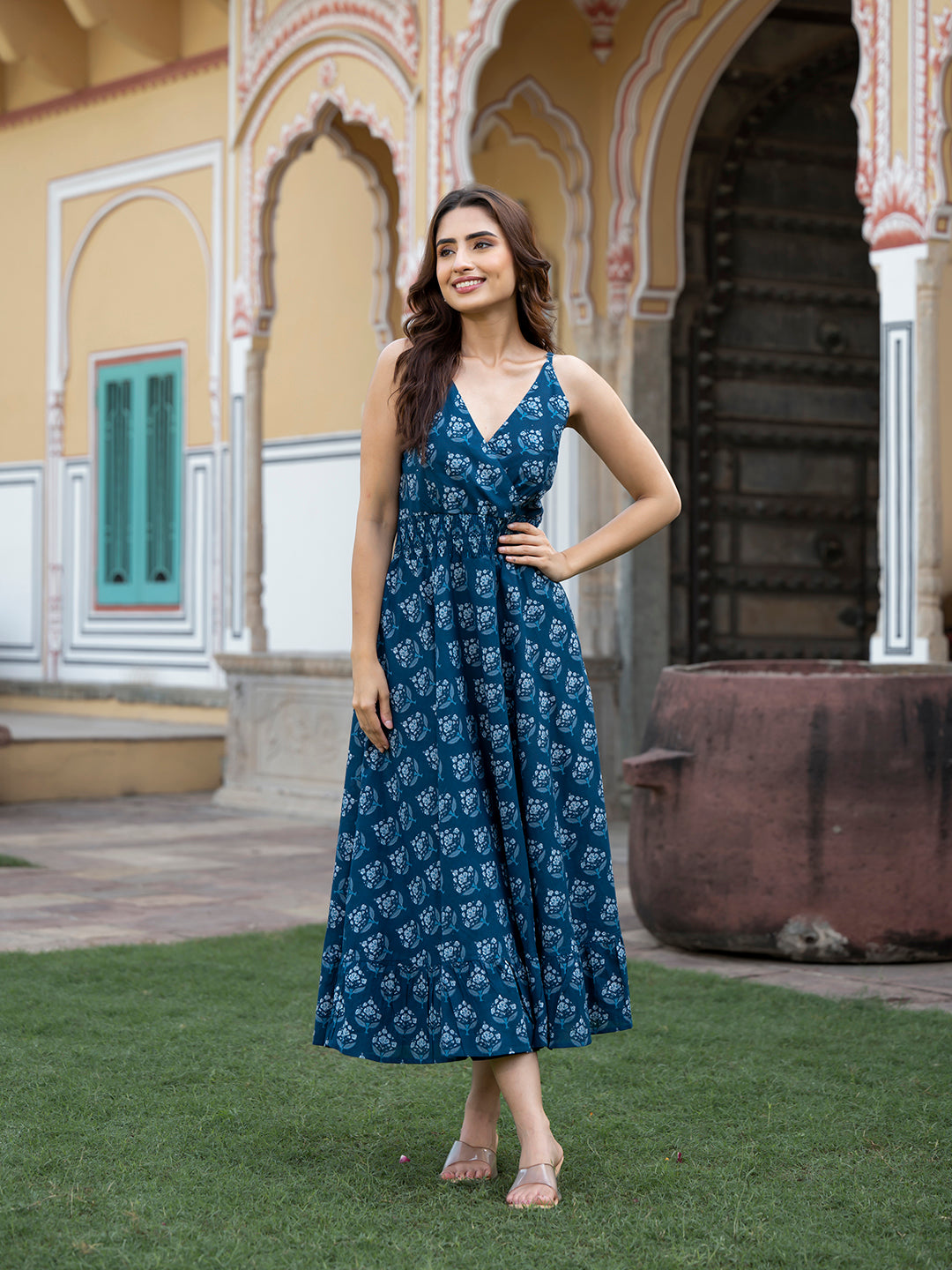 Indigo Blue Floral Print Pure Cotton Fit & Flare Dress