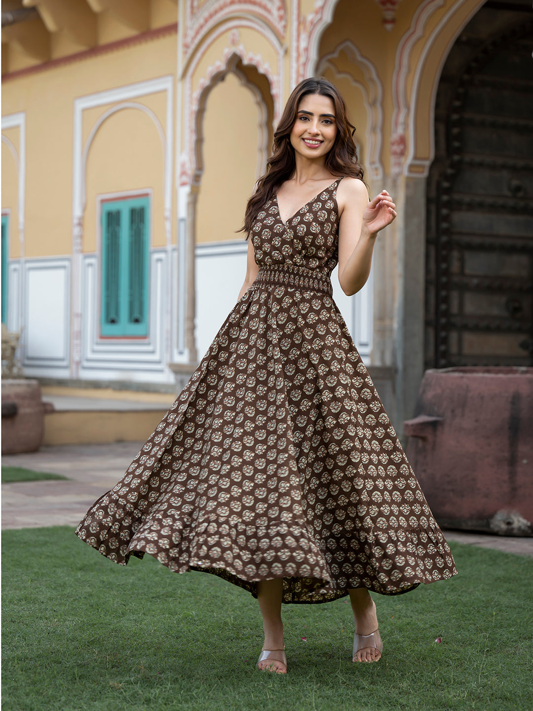 Brown Floral Print Pure Cotton Fit & Flare Dress