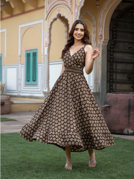 Brown Floral Print Pure Cotton Fit & Flare Dress