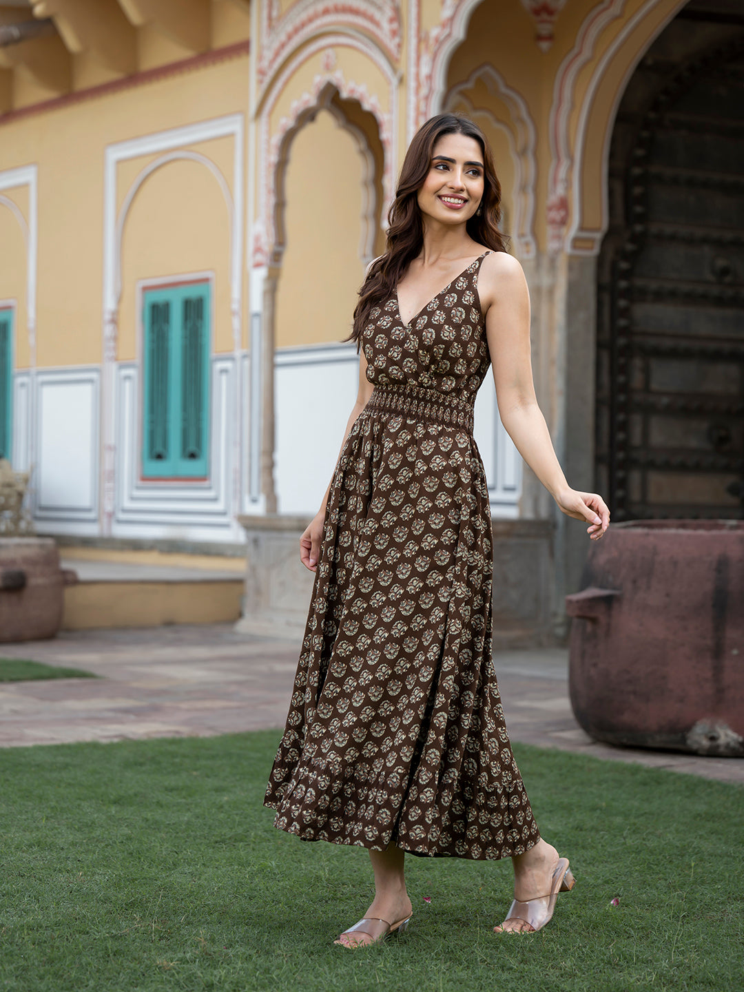 Brown Floral Print Pure Cotton Fit & Flare Dress