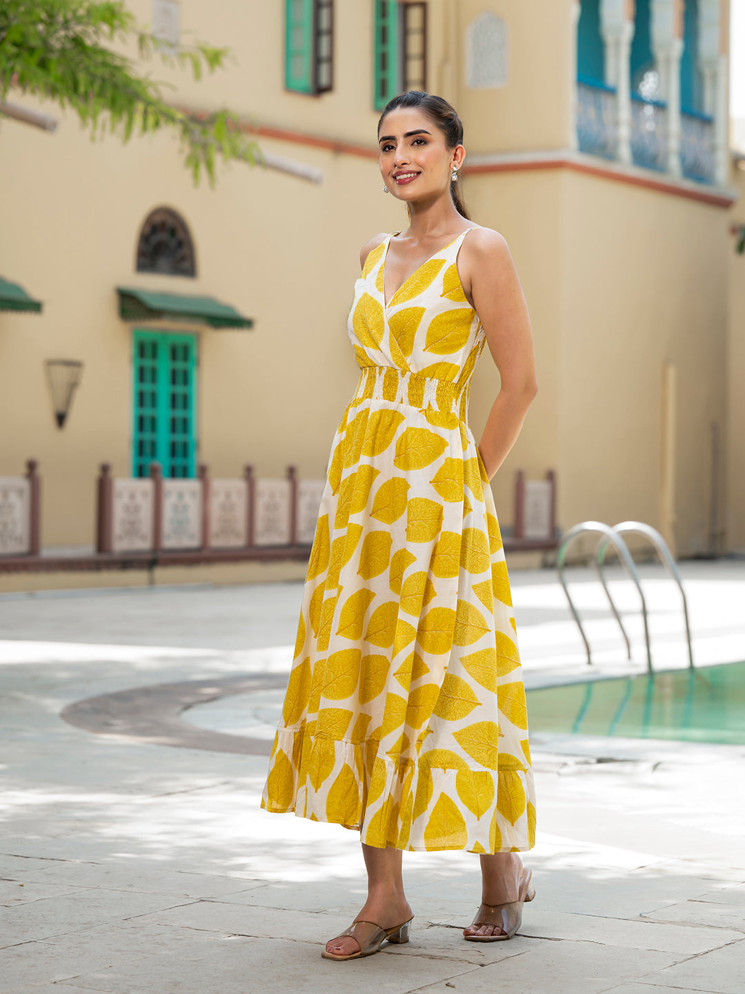 Yellow Printed Pure Cotton Fit & Flare Dress