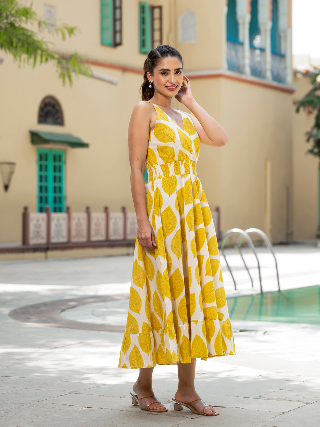 Yellow Printed Pure Cotton Fit & Flare Dress