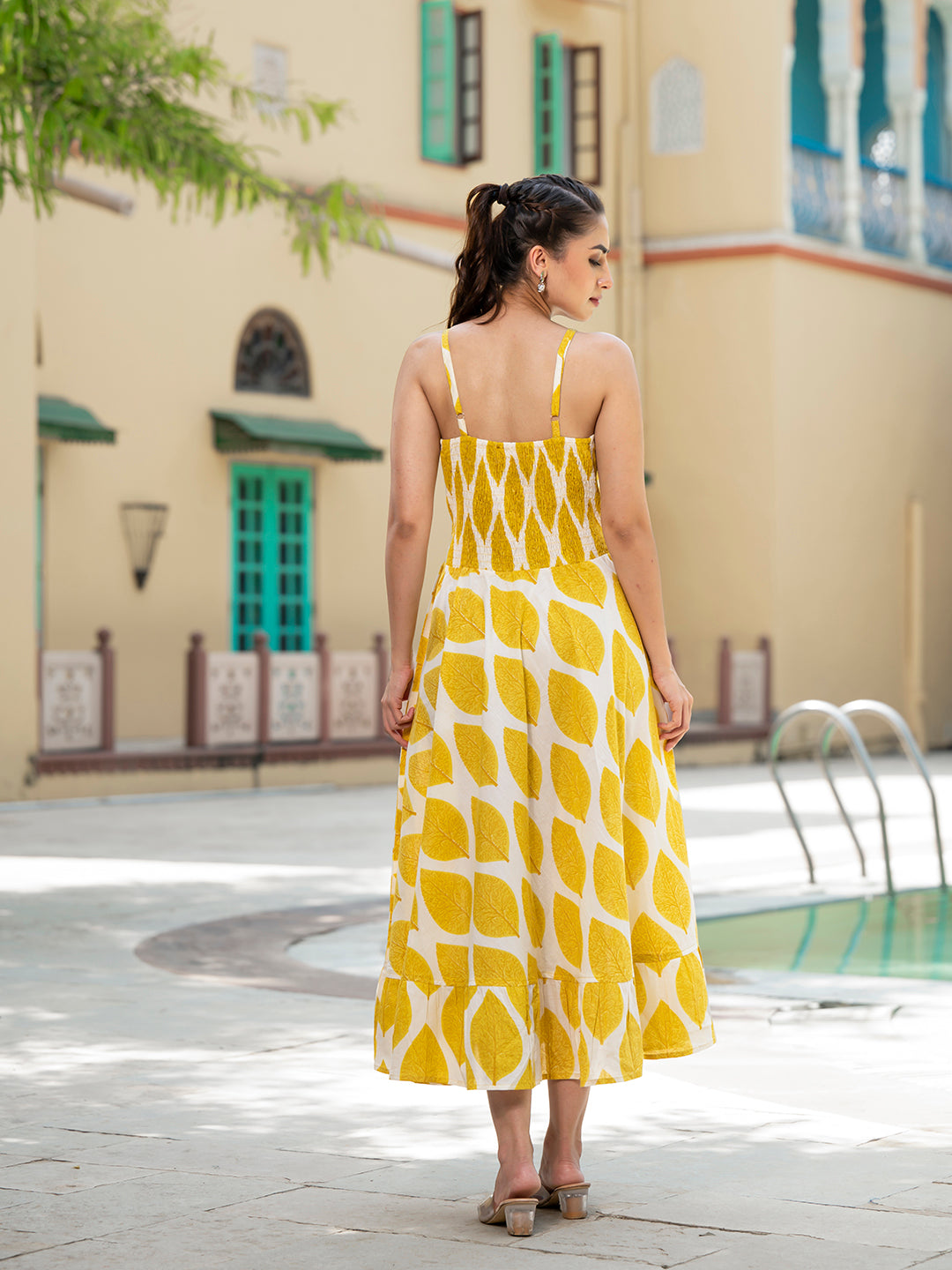 Yellow Printed Pure Cotton Fit & Flare Dress