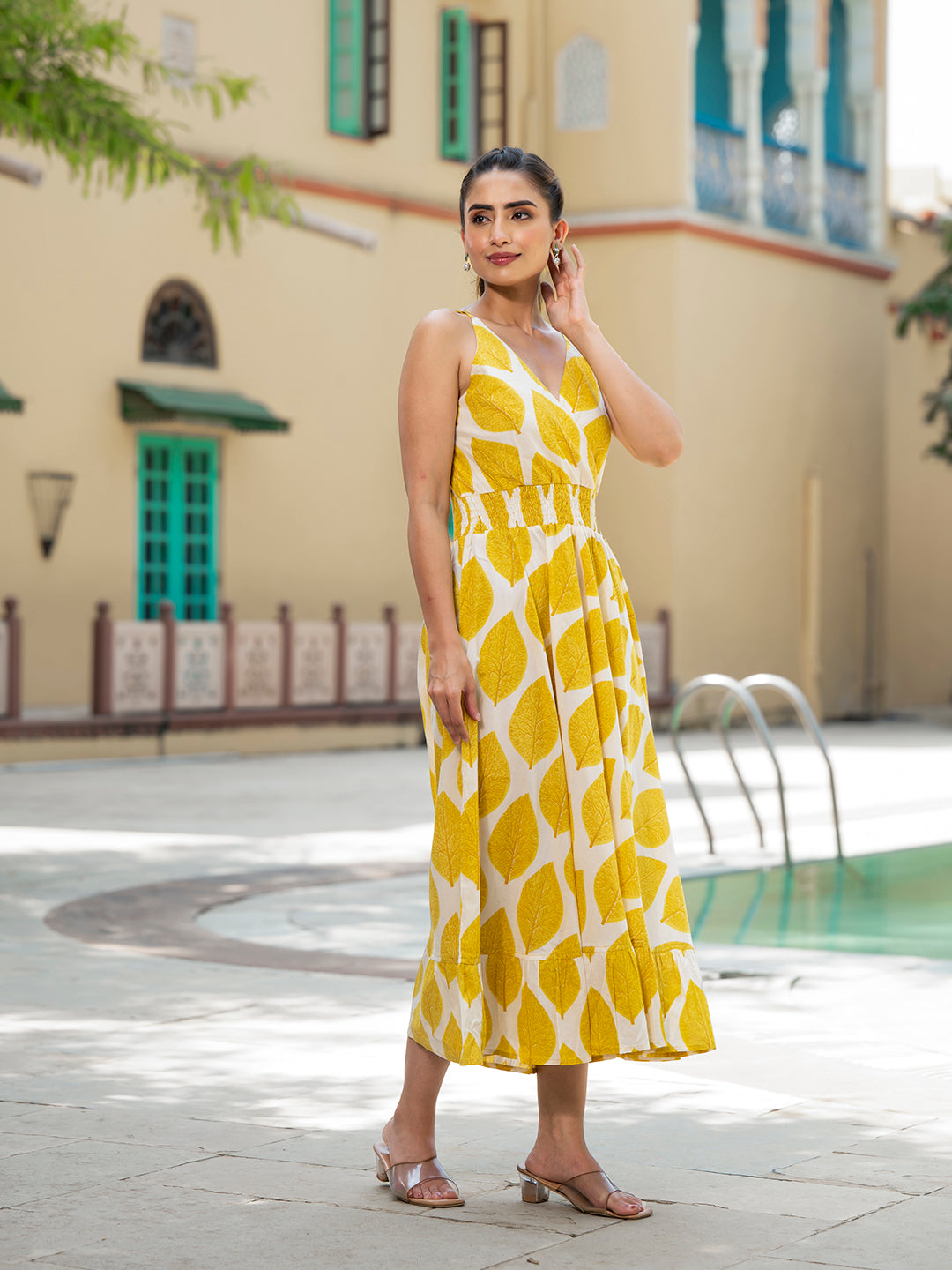 Yellow Printed Pure Cotton Fit & Flare Dress